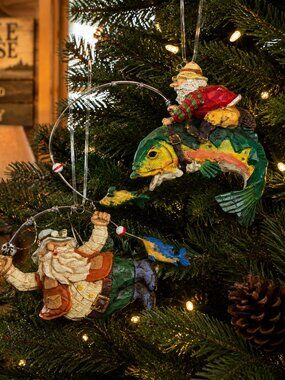 Set of 2 Rustic Fishing Santa Christmas Ornaments Lake House Cabin Decor